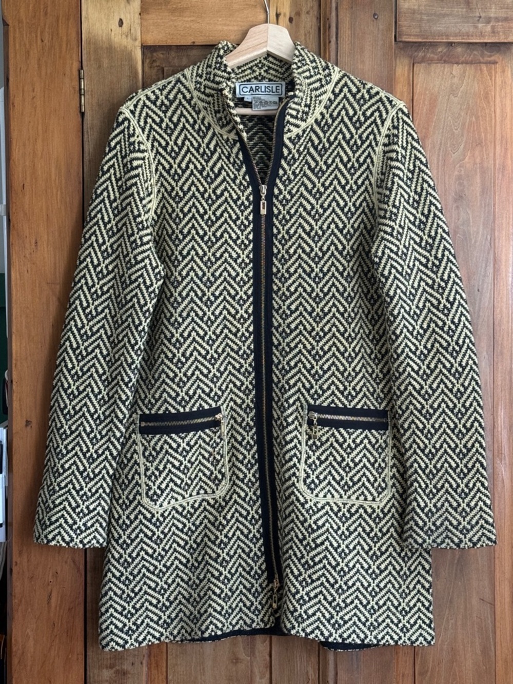 Vintage Silk Blend Carlisle Black & Pale Yellow Geometric Zip-Front Knit Jacket